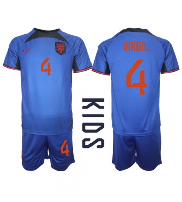 Nederländerna Virgil van Dijk #4 Bortaställ Barn VM 2022 Kortärmad (+ Korta byxor)